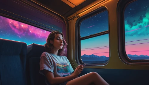 train ride,train of thought,the girl at the station,amtrak,world digital painting,traveller,passenger,girl in t-shirt,traveler,train,digital painting,sky train,train way,in transit,sci fiction illustration,transit,train seats,digital art,travel woman,isolated t-shirt