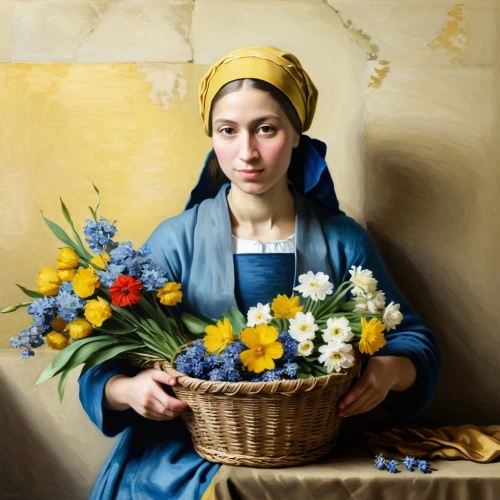 girl picking flowers,marguerite,flowers in basket,holding flowers,girl in flowers,bouguereau,girl with bread-and-butter,jonquil,with a bouquet of flowers,flower arranging,fiori,woolflowers,portrait of christi,breton,basket with flowers,blue flowers,splendor of flowers,girl with cloth,flower painting,straw flower,Art,Classical Oil Painting,Classical Oil Painting 07