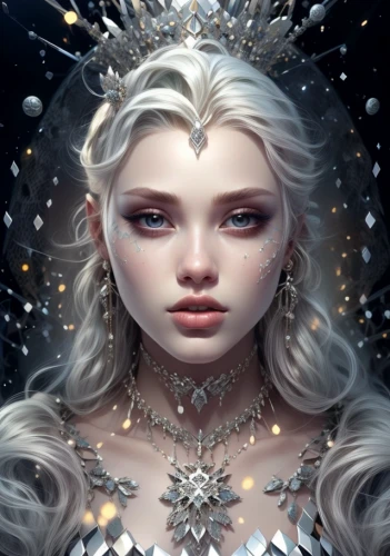 the snow queen,white rose snow queen,ice queen,ice princess,fantasy portrait,suit of the snow maiden,elsa,queen of the night,eternal snow,priestess,elven,fairy queen,zodiac sign libra,fantasy art,crystalline,white snowflake,star mother,faery,zodiac sign gemini,ice crystal