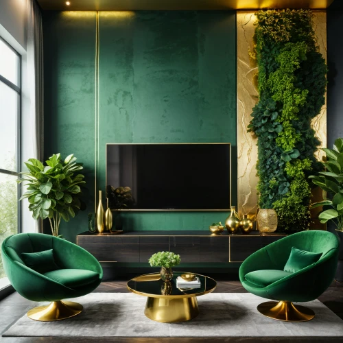 green living,apartment lounge,modern decor,gold wall,green plants,mid century modern,livingroom,green wallpaper,living room,contemporary decor,money plant,sitting room,interior design,intensely green hornbeam wallpaper,tropical greens,pine green,gold foil corner,dark green plant,decor,house plants