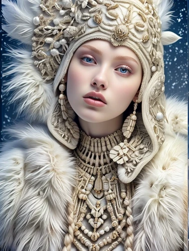 suit of the snow maiden,the snow queen,white fur hat,ice queen,white rose snow queen,ice princess,fantasy art,fantasy portrait,headdress,fur clothing,fantasy picture,winter dream,crystalline,feather headdress,white lady,eternal snow,eskimo,mystical portrait of a girl,faery,ice crystal