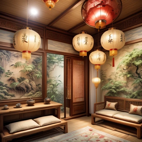 japanese-style room,oriental painting,chinese style,ryokan,chinese screen,3d rendering,bamboo curtain,china massage therapy,chinese art,oriental,junshan yinzhen,sleeping room,ornate room,3d rendered,chinese architecture,interior decoration,sitting room,chinese background,japanese art,feng shui