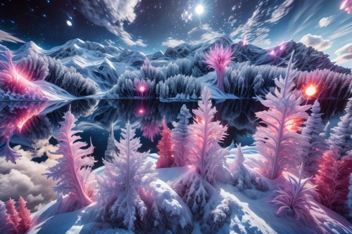 fractal environment,snow trees,ice planet,winter forest,spruce forest,snow mountains,spruce-fir forest,ice castle,coniferous forest,fractal lights,snowy peaks,snow mountain,polar lights,infinite snow,crystalline,fir forest,snow trail,ice crystals,north pole,panoramical
