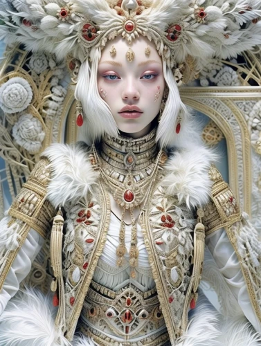 suit of the snow maiden,baroque angel,amano,the snow queen,pale,the carnival of venice,baroque,white lady,pierrot,fantasy portrait,imperial coat,ice queen,fantasy art,priestess,emperor,snow white,ornate,imperial crown,porcelaine,white fur hat