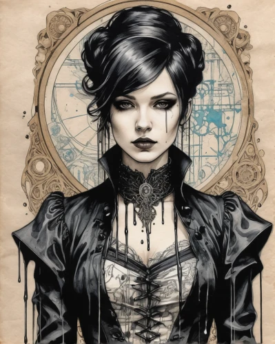 gothic portrait,gothic woman,gothic fashion,steampunk,goth woman,gothic,gothic style,victorian lady,vampire lady,vampire woman,victorian style,dark gothic mood,widow,corset,goth,huntress,marionette,goth subculture,sorceress,rosa ' amber cover,Illustration,Black and White,Black and White 34