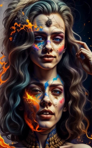 sci fiction illustration,fire artist,gemini,fantasy portrait,fantasy art,sirens,world digital painting,zodiac sign gemini,psychedelic art,fire eyes,burning hair,fire siren,fire background,fire and water,celebration of witches,fire-eater,shamanism,digital art,shamanic,the conflagration