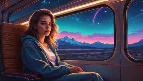 the girl at the station,world digital painting,sci fiction illustration,passengers,train ride,passenger,train of thought,in transit,traveller,traveler,travel woman,digital painting,night scene,cg artwork,travelling,stargazing,bus,travelers,train,train way