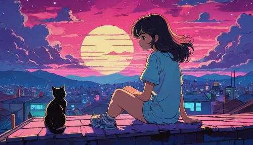 studio ghibli,dusk,dream world,stray cat,stray,summer evening,cat lovers,shirakami-sanchi,would a background,ritriver and the cat,cat,dawn,dusk background,芦ﾉ湖,sunset,cat's cafe,night sky,aesthetic,atmosphere,daybreak,Illustration,Japanese style,Japanese Style 06