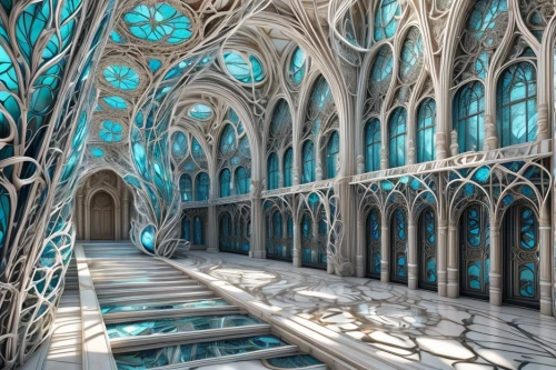 sunken church,stained glass windows,gothic architecture,art nouveau,marble palace,gaudí,the hassan ii mosque,hall of the fallen,glass tiles,reims,versailles,glass facades,stained glass pattern,medieval architecture,lattice windows,stained glass,3d fantasy,beautiful buildings,architecture,cathedral
