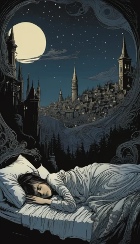 insomnia,sci fiction illustration,fairy tales,fairytales,fairy tale icons,fairy tale,hogwarts,dream world,dreamland,sleepless,the girl in nightie,nocturnal,children's fairy tale,a fairy tale,the night of kupala,bad dream,sleepwalker,the sleeping rose,sleep,sleeping beauty,Illustration,Black and White,Black and White 01