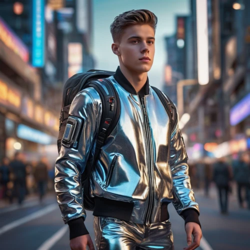 bolero jacket,futuristic,jacket,pedestrian,male model,lukas 2,social,men's wear,rein,boys fashion,leather,man's fashion,80s,leather jacket,bomber,windbreaker,advertising clothes,fashion street,men clothes,silver,Photography,General,Sci-Fi