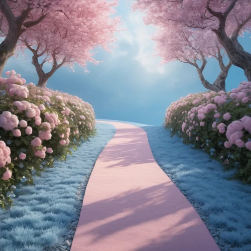 pathway,japanese sakura background,cartoon video game background,the mystical path,background vector,3d background,sakura background,landscape background,spring background,the path,springtime background,world digital painting,fantasy landscape,sakura trees,forest path,way of the roses,flower background,tree lined path,meadow in pastel,heaven gate,Photography,General,Natural