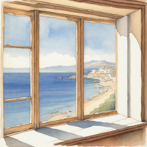 window with sea view,sash window,seaside view,french windows,wooden windows,sicily window,window view,watercolour frame,bay window,bedroom window,the window,watercolor frame,window to the world,window seat,window,window sill,window with shutters,sea view,window front,mykonos,Illustration,Paper based,Paper Based 23