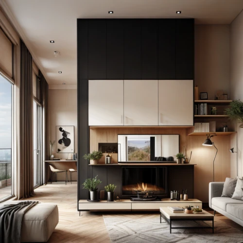 modern decor,modern living room,interior modern design,dark cabinetry,modern room,modern kitchen interior,scandinavian style,an apartment,penthouse apartment,contemporary decor,modern minimalist kitchen,home interior,livingroom,dark cabinets,apartment,apartment lounge,shared apartment,modern kitchen,interior design,fire place