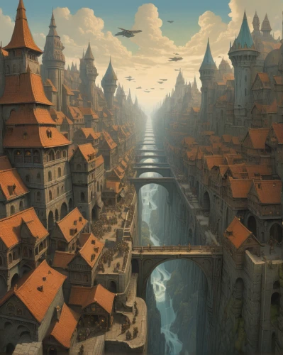 fantasy city,escher village,medieval town,knight village,fantasy landscape,hamelin,ancient city,city moat,aurora village,fantasy world,the pied piper of hamelin,muenster,new castle,medieval street,hanseatic city,fantasy picture,fantasy art,aerial landscape,bremen,3d fantasy,Illustration,Realistic Fantasy,Realistic Fantasy 44