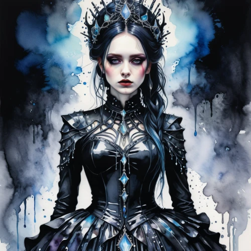 gothic woman,blue enchantress,gothic fashion,ice queen,the snow queen,gothic portrait,gothic dress,gothic style,queen of the night,white rose snow queen,gothic,the enchantress,dark angel,suit of the snow maiden,swath,crow queen,priestess,goth woman,fairy queen,sorceress,Illustration,Paper based,Paper Based 20