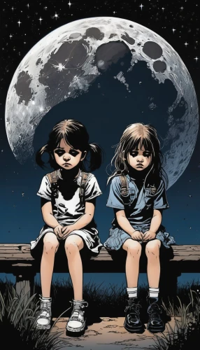 moon phase,lunar phase,little boy and girl,a collection of short stories for children,moon landing,lunar,lunar phases,kids illustration,children's background,moon addicted,moon shine,moons,phase of the moon,the moon and the stars,moon night,little girls,astronomers,celestial bodies,cosmonautics day,parallel worlds,Illustration,American Style,American Style 06
