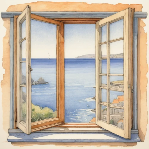 window with sea view,wooden windows,french windows,sash window,wood window,watercolor frame,watercolour frame,bay window,wooden frame construction,window frames,wooden frame,window panes,window,the window,bedroom window,window released,open window,window to the world,window treatment,frame drawing,Illustration,Paper based,Paper Based 23