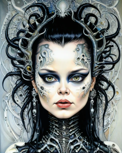 medusa,gorgon,bjork,biomechanical,the enchantress,fantasy art,medusa gorgon,fantasy portrait,sci fiction illustration,humanoid,gothic portrait,voodoo woman,priestess,queen of the night,widow spider,the snow queen,goth woman,cybernetics,shamanic,gothic woman,Illustration,Abstract Fantasy,Abstract Fantasy 04