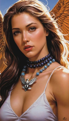 ancient egyptian girl,birds of prey-night,female warrior,necklace,arabian,warrior woman,pearl necklaces,birds of prey,pearl necklace,necklace with winged heart,fantasy art,heroic fantasy,fantasy woman,gift of jewelry,argan,sahara,desert background,prayer beads,feather jewelry,breastplate,Illustration,American Style,American Style 08