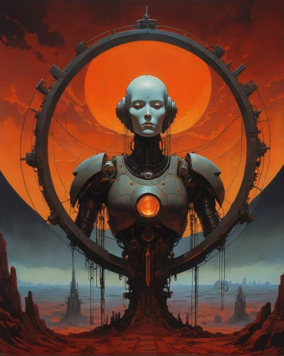 cybernetics,scythe,prejmer,magneto-optical disk,red planet,robot eye,biomechanical,humanoid,panopticon,corrosion,scifi,equilibrium,science fiction,rust-orange,heliosphere,red sun,sci fi,sci fiction illustration,clockmaker,machines,Illustration,Abstract Fantasy,Abstract Fantasy 18