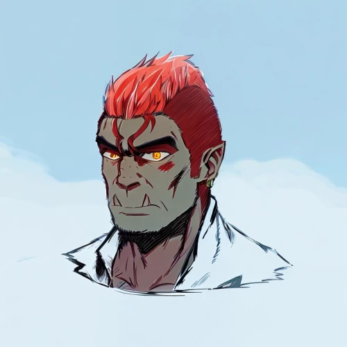 angry man,iceman,red chief,mohawk,hellboy,snow cone,hawks,half orc,graves,sting,snow cherry,rooster head,snake's head,red skin,caesar cut,cooler,pompadour,hair gel,grog,old man,Common,Common,Japanese Manga