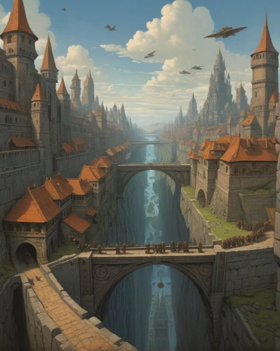 fantasy landscape,city moat,fantasy city,medieval town,knight village,fantasy picture,ancient city,fantasy art,moat,fantasy world,3d fantasy,dragon bridge,castle of the corvin,medieval architecture,elves flight,peter-pavel's fortress,new castle,hangman's bridge,knight's castle,escher village,Illustration,Realistic Fantasy,Realistic Fantasy 44