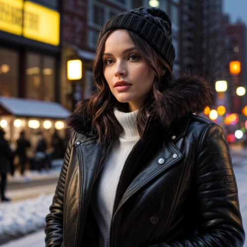 new york streets,black coat,white fur hat,outerwear,fashion street,beret,winter sales,on the street,leather hat,ny,leather jacket,beanie,marble collegiate,5th avenue,parka,winter clothes,winter clothing,shopping icon,newyork,katniss