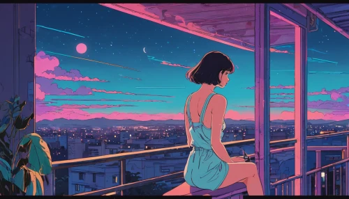 rooftop,paris balcony,summer evening,balcony,rooftops,above the city,overlook,city lights,cityscape,sky apartment,starlight,evening city,dream world,windowsill,atmosphere,falling stars,evening atmosphere,the horizon,night sky,window sill,Illustration,Japanese style,Japanese Style 06