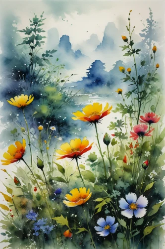 flower painting,watercolor flowers,watercolour flowers,watercolor background,meadow landscape,watercolor flower,watercolour flower,watercolor floral background,flower meadow,watercolor,flowering meadow,meadow flowers,watercolor painting,summer meadow,flower field,watercolor paint,blanket of flowers,flower background,meadow in pastel,flower illustrative,Illustration,Paper based,Paper Based 05