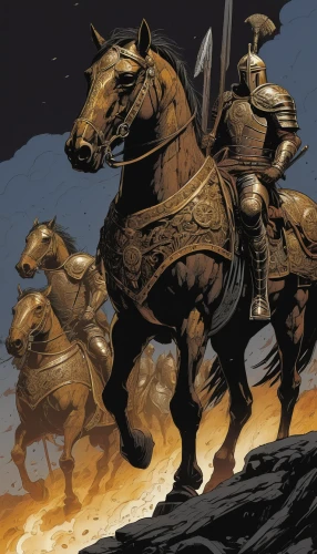 bronze horseman,armored animal,cuirass,cavalry,horseman,heroic fantasy,horsemen,chariot,alpha horse,horseback,warlord,armored,crusader,chariot racing,don quixote,genghis khan,knight armor,knight,jousting,conquest,Illustration,American Style,American Style 06