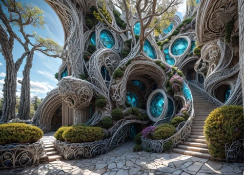 crooked forest,dragon tree,magic tree,celtic tree,mandelbulb,3d fantasy,enchanted forest,fairy house,tree house,tree of life,elven forest,fantasy art,fractals art,flourishing tree,pacifier tree,druid grove,tree grove,fairy forest,the roots of trees,fractalius