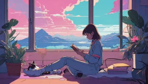 windowsill,window sill,summer evening,indoors,tranquil,girl studying,study,window,bedroom window,indoor,hideaway,calming,window seat,conservatory,study room,relaxing reading,summer day,idyll,sky apartment,daydream,Illustration,Japanese style,Japanese Style 06