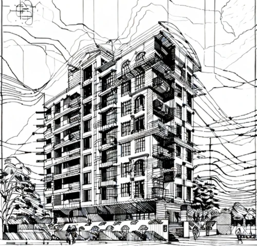 line drawing,kirrarchitecture,block of flats,sheet drawing,architect plan,high-rise building,condominium,bulding,street plan,apartment block,orthographic,apartment building,residential tower,hand-drawn illustration,line-art,mono-line line art,isometric,house drawing,technical drawing,reinforced concrete,Design Sketch,Design Sketch,None