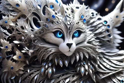 garuda,fractalius,paper art,silver,armored animal,ice queen,gryphon,fantasy art,cat warrior,feathers bird,owl-real,cat with blue eyes,raven sculpture,blue eyes cat,feathers,white walker,owl art,feline,silver tabby,3d fantasy