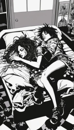 the girl is lying on the floor,playmat,sleeping room,checkered floor,clamp,sleeping,duvet cover,napping,bed,lying down,futon,bedding,bad dream,bedroom,comic style,sleep,waterbed,pillow fight,lay down,unconscious,Illustration,American Style,American Style 06
