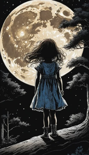 the girl in nightie,moon phase,moon shine,celestial body,the moon,moonbeam,moonshine,phase of the moon,the night of kupala,big moon,full moon day,lunar,moon walk,lunar phase,moon night,sleepwalker,blue moon,super moon,the night sky,full moon,Illustration,American Style,American Style 02