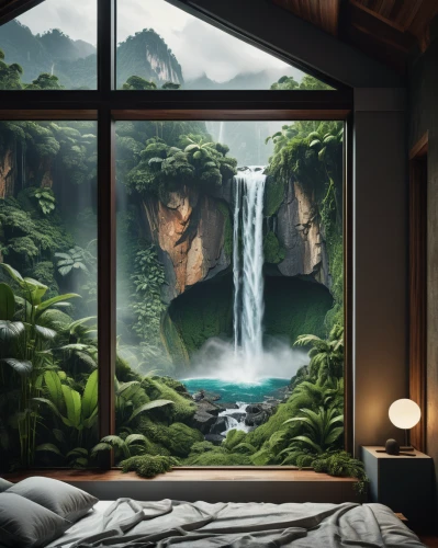 bedroom window,green waterfall,sleeping room,rainforest,world digital painting,great room,window view,rain forest,waterfalls,ash falls,jungle,fantasy landscape,boy's room picture,waterfall,bamboo curtain,home landscape,guest room,window to the world,cartoon video game background,house in mountains,Photography,Documentary Photography,Documentary Photography 08