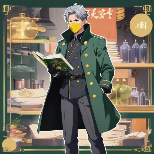 apothecary,ginko,ginkgo,yellow robin,scholar,bay-leaf,military officer,citron,canary bird,stylish boy,overcoat,frock coat,chemist,theoretician physician,bird robin,trench coat,gingko,jonquil,guenon,greengrocer,Illustration,Japanese style,Japanese Style 03