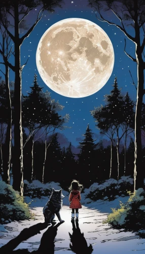 my neighbor totoro,red riding hood,little red riding hood,studio ghibli,werewolves,wolfman,moonlit night,moon walk,wolf couple,two wolves,the moon and the stars,night scene,moonlight,big moon,super moon,moon rover,children's fairy tale,full moon,howl,boy and dog,Illustration,American Style,American Style 06