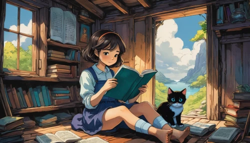 girl studying,bookworm,reading,scholar,study,study room,little girl reading,librarian,relaxing reading,read a book,book store,tea and books,classroom,bookstore,books,tutor,studio ghibli,open book,child with a book,bookshop,Illustration,Japanese style,Japanese Style 07