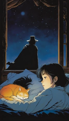 studio ghibli,my neighbor totoro,sleeping beauty,sleeping,romantic night,the sleeping rose,dreaming,sleeping rose,dream world,sleeping cat,cat in bed,the moon and the stars,sleeping apple,good night,ritriver and the cat,robin's nest,dream,sleeping bear,nighttime,sleep,Illustration,Japanese style,Japanese Style 14