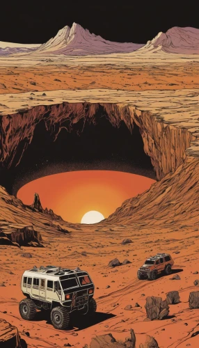 red planet,mission to mars,moon valley,mars rover,planet mars,impact crater,post-apocalyptic landscape,sossusvlei,crater,flaming mountains,valley of the moon,alien planet,sci fiction illustration,mars probe,jeep cherokee (xj),arid land,door to hell,uluru,fire planet,land rover discovery,Illustration,American Style,American Style 08