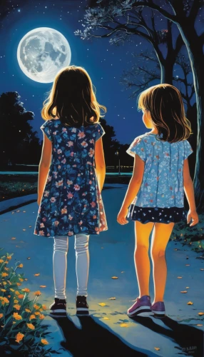 little girls walking,sewing pattern girls,oil painting on canvas,moonlit night,night scene,little girls,carol colman,two girls,chalk drawing,the girl in nightie,blue moon,moon night,full moon,a collection of short stories for children,oil painting,moon shine,moonlit,children's background,super moon,children girls,Illustration,American Style,American Style 08
