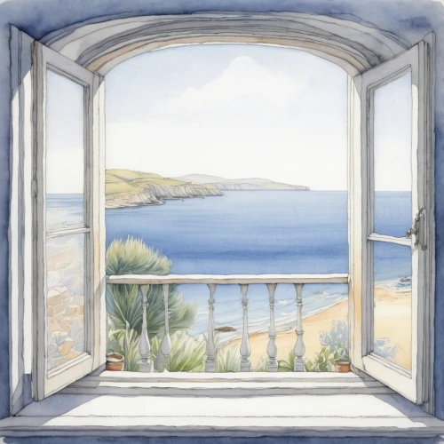 window with sea view,sicily window,watercolour frame,sash window,seaside view,bay window,french windows,watercolor frame,bedroom window,window view,the window,la perouse,sea view,scilly,window front,ocean view,window treatment,window with shutters,isles of scilly,window panes,Illustration,Paper based,Paper Based 23