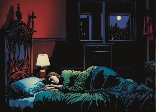 david bates,insomnia,night scene,sleeping room,woman on bed,blue pillow,sleepwalker,nightstand,cd cover,the girl in nightie,sleepless,nocturnes,sleepwalking,bad dream,nighttime,midnight,sleep,nocturnal,four-poster,night administrator,Illustration,American Style,American Style 08