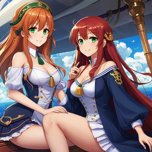 sea scouts,ferry,at sea,seafaring,scarlet sail,naval battle,honolulu,angel and devil,wiz,redheads,sailors,lancers,sea fantasy,two girls,venetia,sailing,duo,sisters,auxiliary ship,rusalka,Illustration,Realistic Fantasy,Realistic Fantasy 01