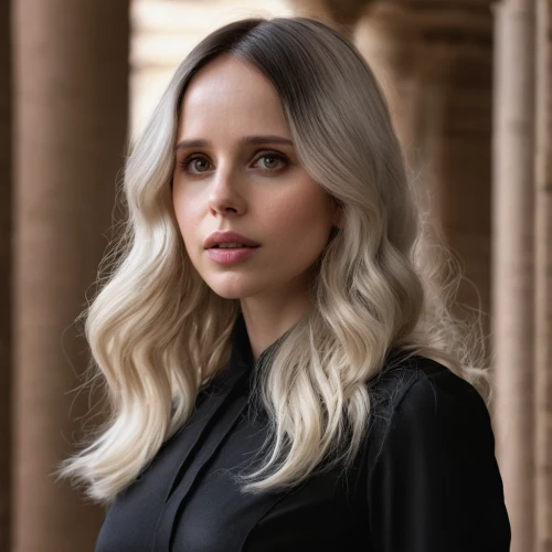 felicity jones,wig,black suit,dark suit,smooth hair,business woman,official portrait,femme fatale,blonde woman,elenor power,a woman,vanity fair,semi-profile,elegant,angel face,haired,angelic,serious,color 1,ivory,Photography,General,Natural