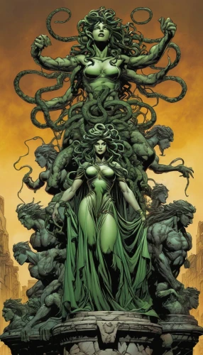 medusa gorgon,medusa,gorgon,dryad,anahata,the throne,goddess of justice,cybele,buddhist hell,throne,mother earth statue,the enchantress,background ivy,priestess,patrol,justitia,cauldron,statue of freedom,doctor doom,spawn,Illustration,American Style,American Style 02