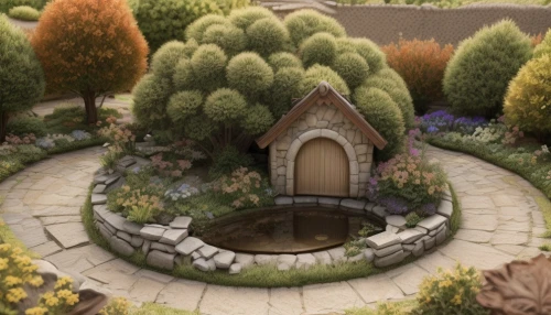 fairy house,wishing well,miniature house,fairy door,garden pond,fairy village,stone fountain,cottage garden,japanese garden ornament,hobbiton,witch's house,decorative fountains,dog house,village fountain,semi circle arch,fairy chimney,stone garden,garden decor,small house,garden decoration,Common,Common,Natural